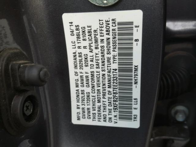 19XFB2F87EE233174 - 2014 HONDA CIVIC EX GRAY photo 10