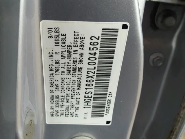 1HGES166X2L004562 - 2002 HONDA CIVIC LX SILVER photo 10