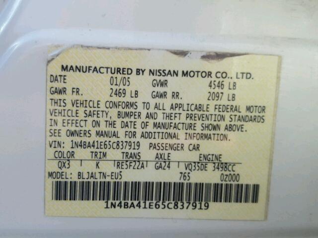 1N4BA41E65C837919 - 2005 NISSAN MAXIMA SE WHITE photo 10