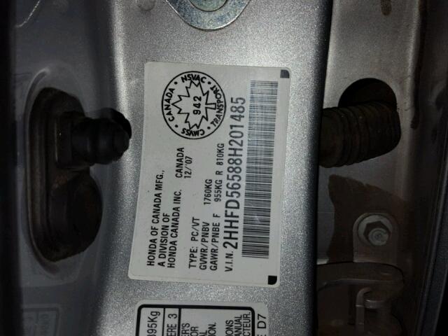 2HHFD56588H201485 - 2008 ACURA CSX SILVER photo 10