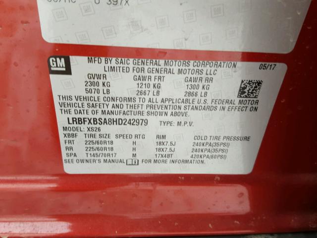 LRBFXBSA8HD242979 - 2017 BUICK ENVISION E RED photo 10