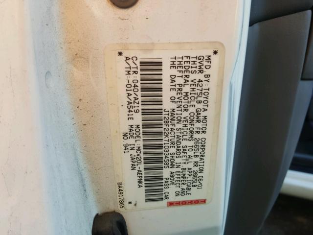 JT2BF22K710334585 - 2001 TOYOTA CAMRY CE WHITE photo 10