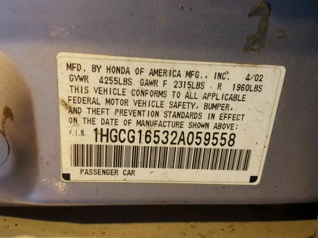 1HGCG16532A059558 - 2002 HONDA ACCORD EX SILVER photo 10