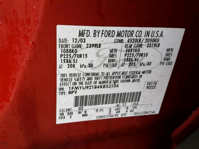 1FMYU92184KB53104 - 2004 FORD ESCAPE XLS RED photo 10