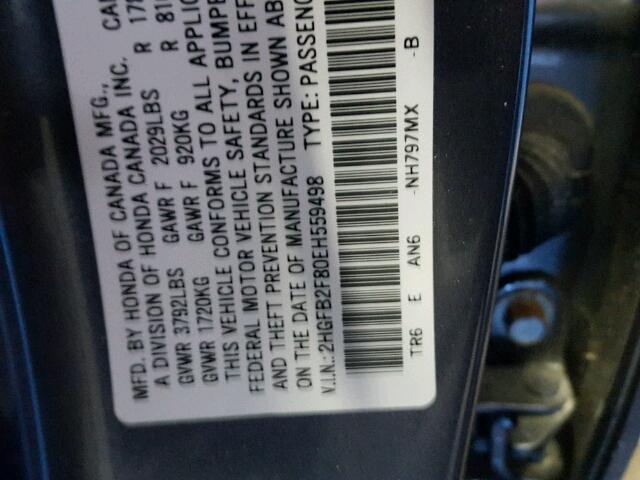 2HGFB2F80EH559498 - 2014 HONDA CIVIC EX GRAY photo 10