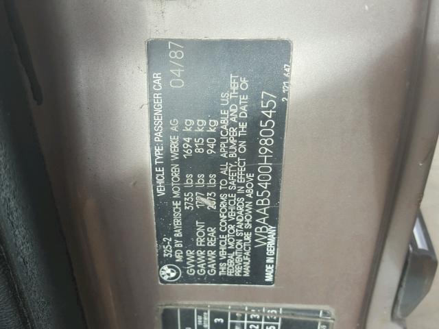 WBAAB5400H9805457 - 1987 BMW 325 BASE GRAY photo 10