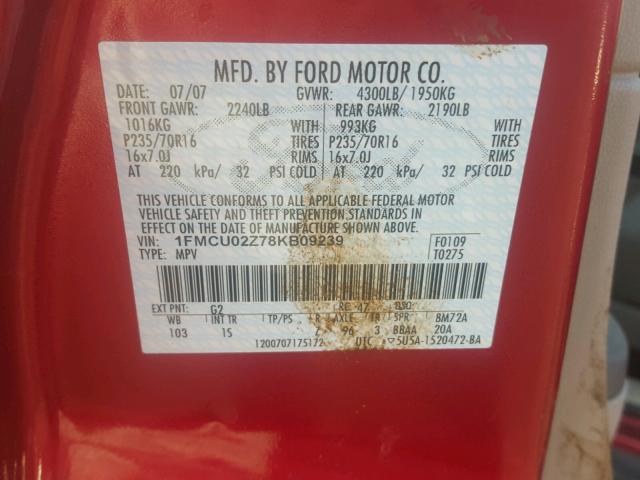 1FMCU02Z78KB09239 - 2008 FORD ESCAPE XLS RED photo 10