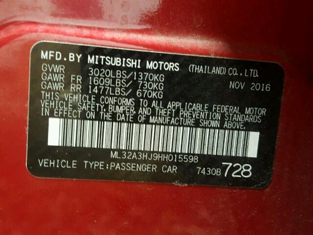 ML32A3HJ9HH015598 - 2017 MITSUBISHI MIRAGE ES RED photo 10