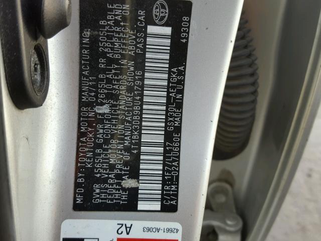 4T1BK3DB9BU417916 - 2011 TOYOTA AVALON BAS SILVER photo 10