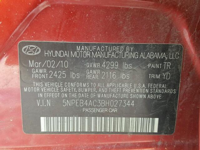 5NPEB4AC3BH027344 - 2011 HYUNDAI SONATA GLS MAROON photo 10