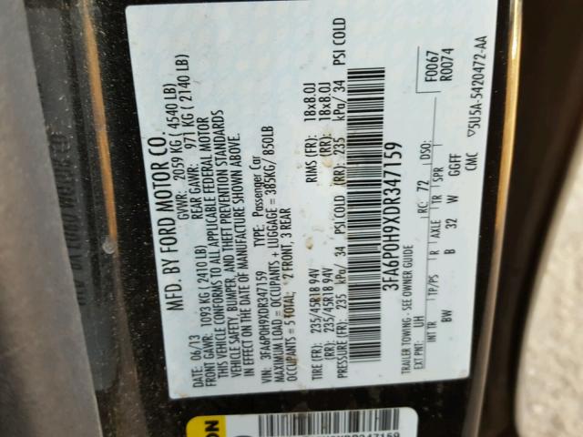 3FA6P0H9XDR347159 - 2013 FORD FUSION SE BLACK photo 10