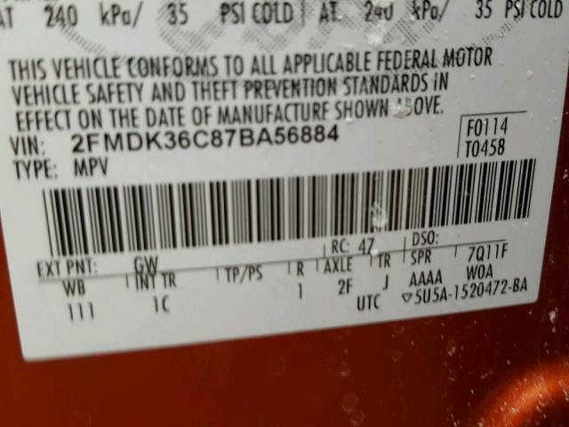 2FMDK36C87BA56884 - 2007 FORD EDGE SE ORANGE photo 10