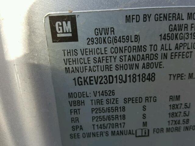 1GKEV23D19J181848 - 2009 GMC ACADIA SLT ვერცხლისფერი ფოტო 10