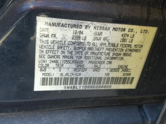 1N4BL11D55C296605 - 2005 NISSAN ALTIMA SE PURPLE photo 10