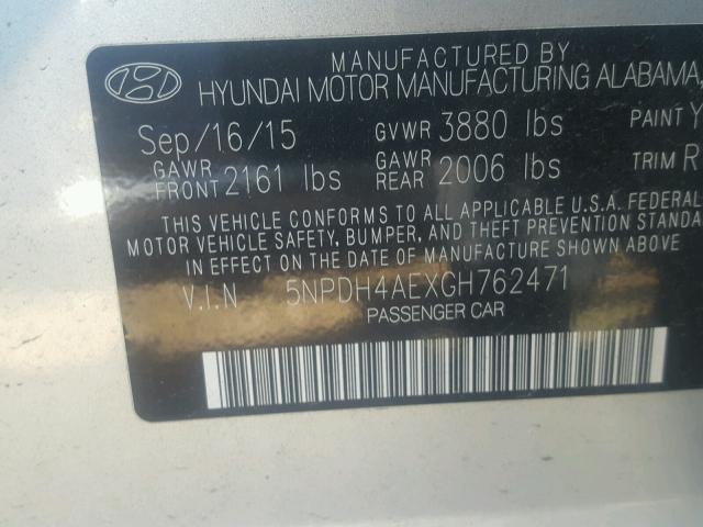 5NPDH4AEXGH762471 - 2016 HYUNDAI ELANTRA SE SILVER photo 10