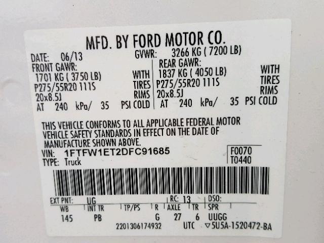 1FTFW1ET2DFC91685 - 2013 FORD F150 SUPER WHITE photo 10