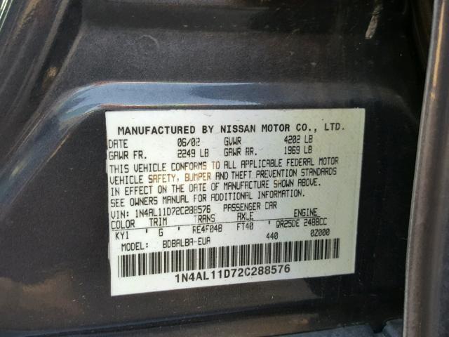 1N4AL11D72C288576 - 2002 NISSAN ALTIMA BAS GRAY photo 10