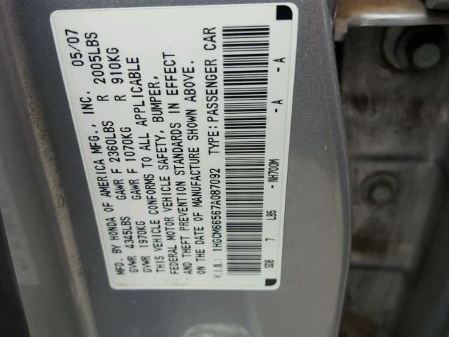 1HGCM66567A087092 - 2007 HONDA ACCORD EX SILVER photo 10