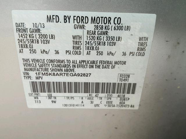 1FM5K8AR7EGA92827 - 2014 FORD EXPLORER P SILVER photo 10