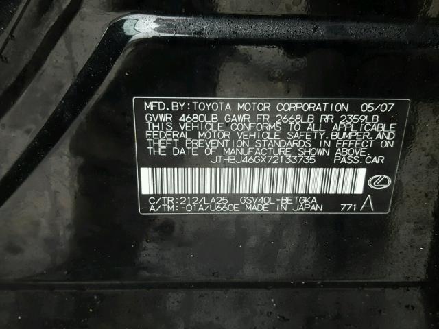 JTHBJ46GX72133735 - 2007 LEXUS ES 350 BLACK photo 10