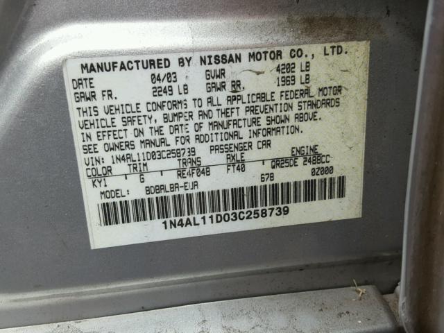 1N4AL11D03C258739 - 2003 NISSAN ALTIMA BAS SILVER photo 10