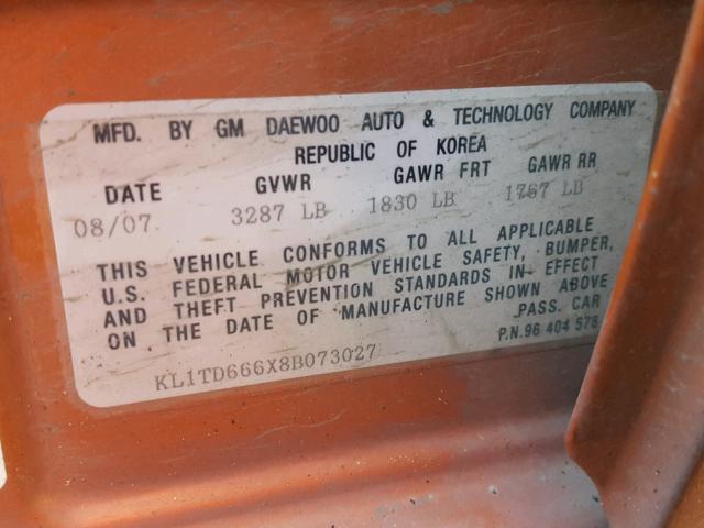 KL1TD666X8B073027 - 2008 CHEVROLET AVEO BASE Turuncu fotoğraf 10