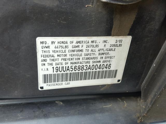 19UUA56883A004046 - 2003 ACURA 3.2TL TYPE CHARCOAL photo 10