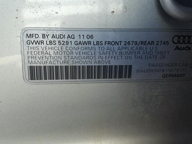 WAUDH74F87N079171 - 2007 AUDI A6 3.2 QUA SILVER photo 10