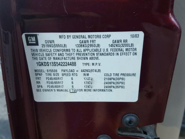 1GKDS13S542224488 - 2004 GMC ENVOY MAROON photo 10