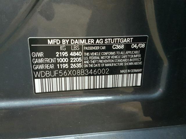 WDBUF56X08B346002 - 2008 MERCEDES-BENZ E 350 GRAY photo 10