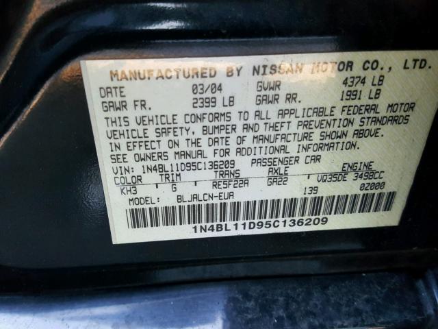 1N4BL11D95C136209 - 2005 NISSAN ALTIMA SE BLACK photo 10