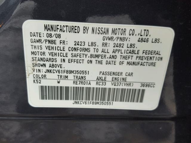 JNKCV61F89M350551 - 2009 INFINITI G37 BLUE photo 10