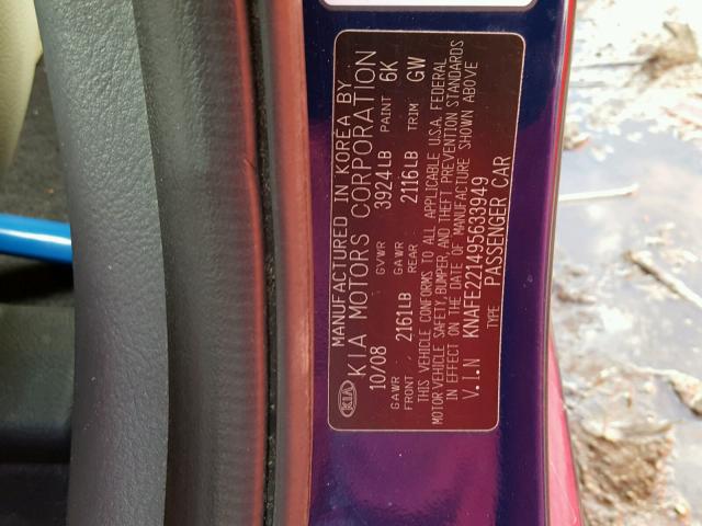 KNAFE221495633949 - 2009 KIA SPECTRA EX BLUE photo 10