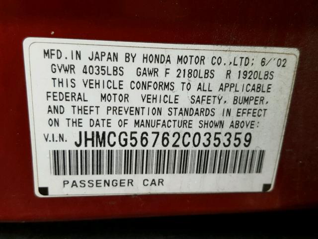 JHMCG56762C035359 - 2002 HONDA ACCORD SE MAROON photo 10