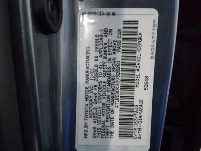 4T1BE30K32U528281 - 2002 TOYOTA CAMRY LE GRAY photo 10