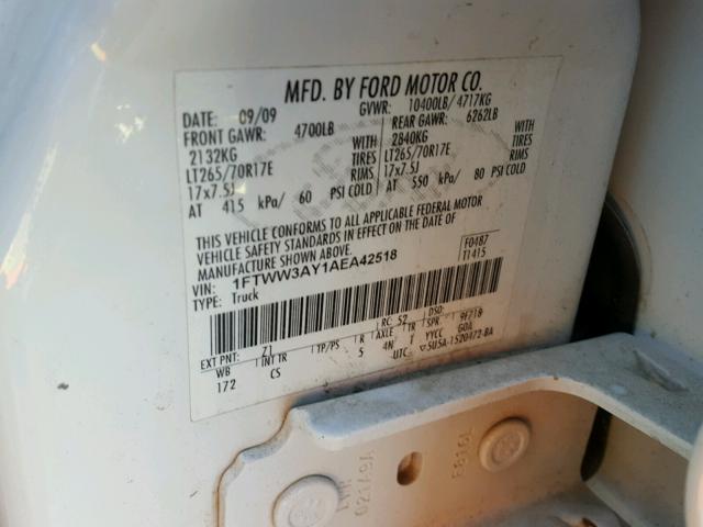 1FTWW3AY1AEA42518 - 2010 FORD F350 SUPER WHITE photo 10