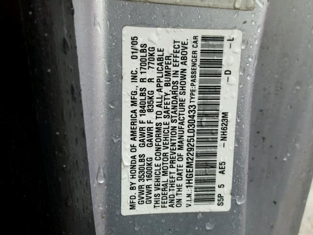 1HGEM22925L030433 - 2005 HONDA CIVIC EX ვერცხლისფერი ფოტო 10