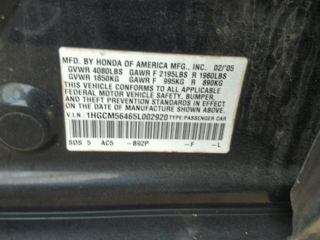 1HGCM56465L002920 - 2005 HONDA ACCORD LX BLACK photo 10