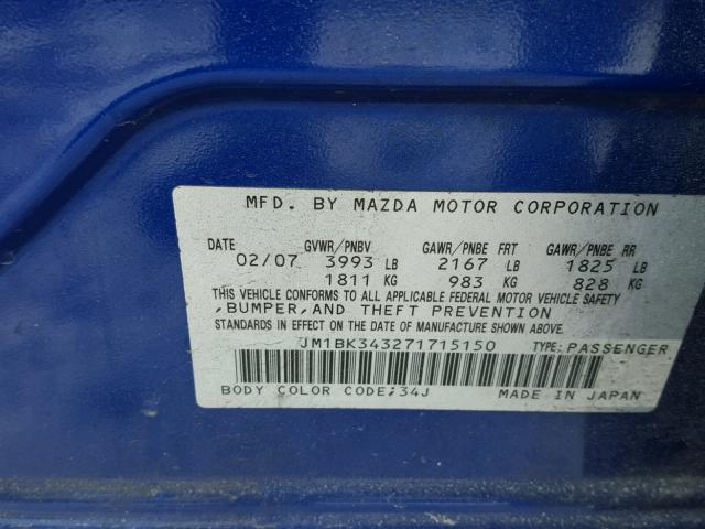 JM1BK343271715150 - 2007 MAZDA 3 HATCHBAC BLUE photo 10