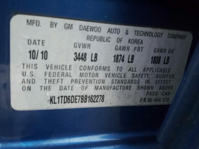 KL1TD6DE7BB162278 - 2011 CHEVROLET AVEO LS BLUE photo 10