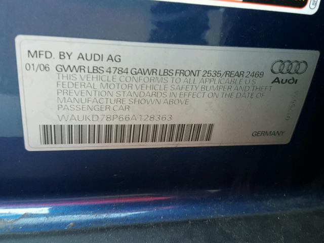 WAUKD78P66A128363 - 2006 AUDI A3 S-LINE BLUE photo 10