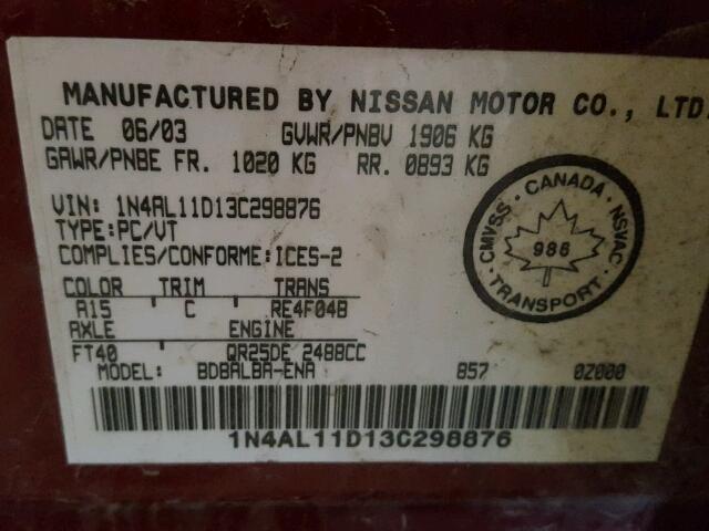 1N4AL11D13C298876 - 2003 NISSAN ALTIMA BAS RED photo 10