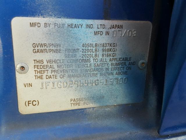 JF1GD29644G513700 - 2004 SUBARU IMPREZA WR BLUE photo 10