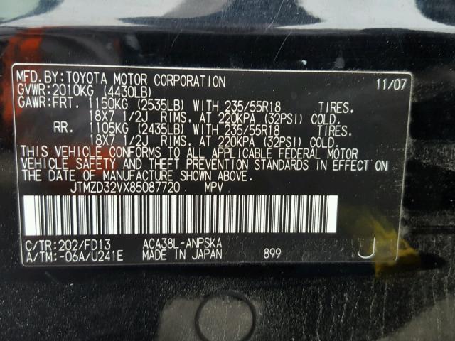 JTMZD32VX85087720 - 2008 TOYOTA RAV4 SPORT BLACK photo 10