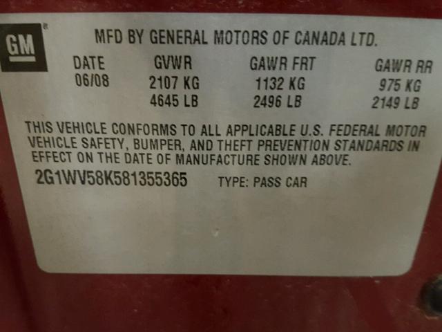 2G1WV58K581355365 - 2008 CHEVROLET IMPALA 50T RED photo 10