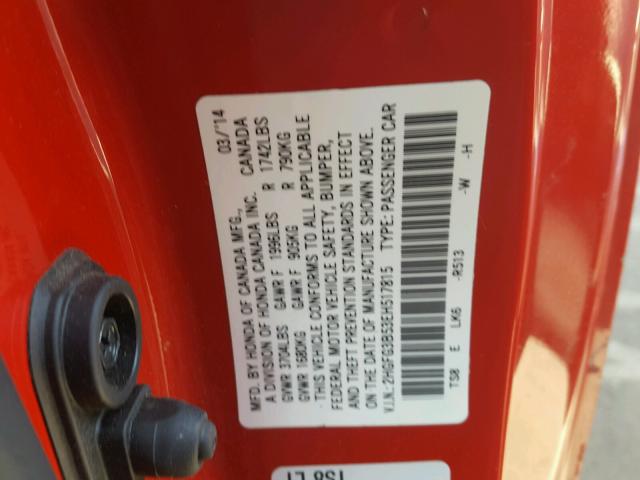 2HGFG3B53EH517815 - 2014 HONDA CIVIC LX RED photo 10