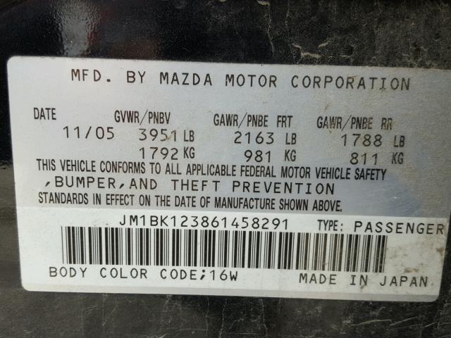 JM1BK123861458291 - 2006 MAZDA 3 S BLACK photo 10