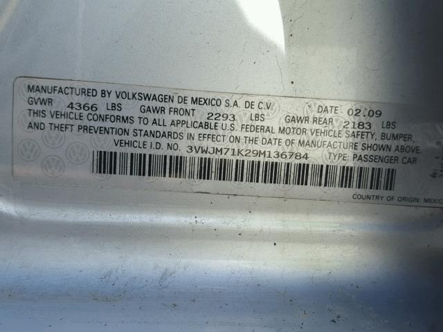 3VWJM71K29M136784 - 2009 VOLKSWAGEN JETTA S SILVER photo 10