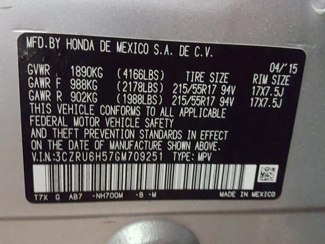 3CZRU6H57GM709251 - 2016 HONDA HR-V EX SILVER photo 10