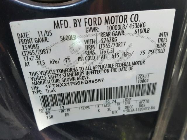 1FTSX21P56EB89557 - 2006 FORD F250 SUPER BLUE photo 10